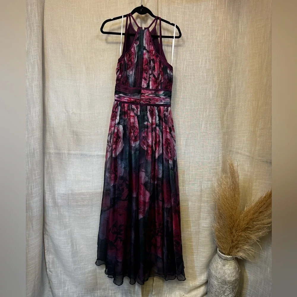 Marchesa Notte Plum Floral Print Chiffon Gown Maxi Dress in Size 10 - Picture 4 of 9